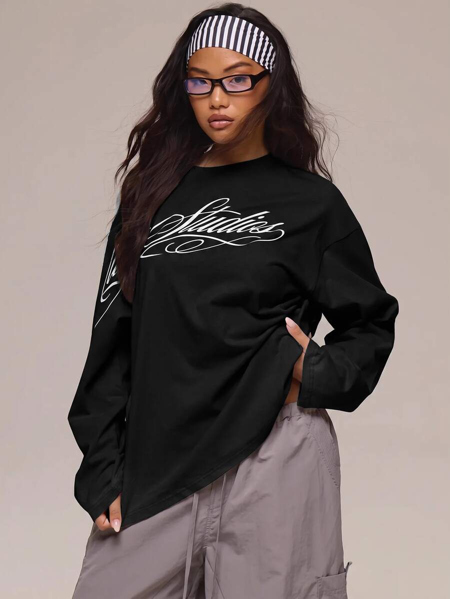 MUSERA 白色圖案 Logo 細節長袖上衣 冬季休閒日常舒適穿搭 酷白色女款上衣 - 黑色 - 查看 1
