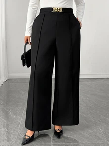 SHEIN Elenzya Celana Panjang Lurus Elegan Ukuran Plus dengan Kantong, Hiasan Rantai Pinggang, dan Karet Elastis yang Dapat Diatur - Hitam - View 6