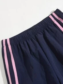SHEIN 青少年女孩休閒寬鬆側邊貼條條紋寬腿九分褲，秋季 - 藏蓝色 - 查看 4