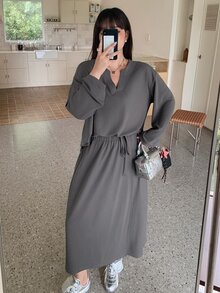 Dazy Plus Bộ 2 món áo tay dài và chân váy thắt eo màu trơn phong cách thường ngày năng động, đi làm, xuân/thu - Xám - Xem 1