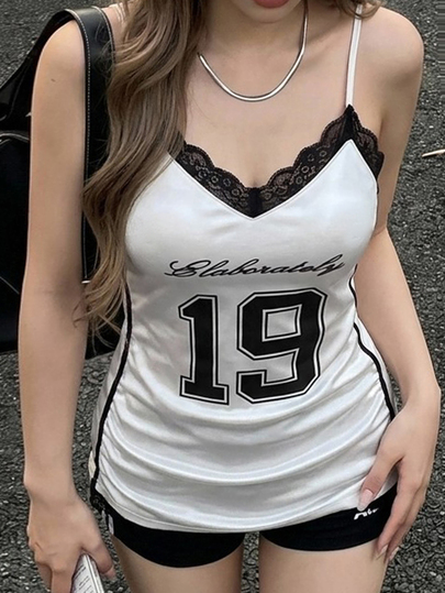 Dazy Plus Letter Print Contrast Lace Fitted Sexy Camisole Top Spring Summer Autumn