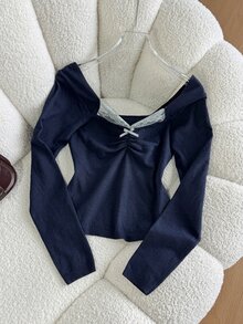 DAZY Sweater Lipit Lengan Panjang Wanita dengan Dekorasi Pita Warna Kontras, Cocok untuk Musim Gugur, Sehari-hari, Kencan, Warna Biru Tua, Romantis, Imut, Gaya Y2k - Navy Blue - View 3