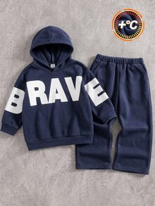 SHEIN Little Byeori 2件組兒童小男孩休閒街頭風韓式雪花與大字母印花連帽長袖衛衣及純色鬆緊腰運動長褲套裝，適合返校、生日、嬰兒洗禮、節日派對，秋冬穿著 - 藏蓝色 - 查看 6
