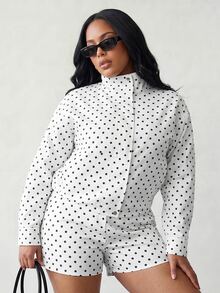 Solavibe Plus Size Women Polka Dot Long Sleeve Jacket And Shorts Casual 2 Pieces Set - Apricot - View 3