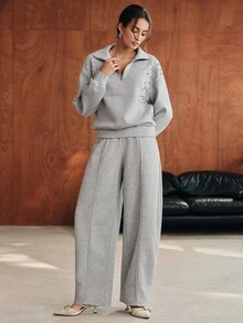 Anewsta New Fashion Casual Asymmetrical Design Loose Fit Women's Sweatpants - Grey - View 5