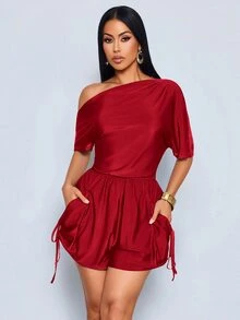 SOLERSUN Sexy Elegant Casual Women's Brown Asymmetrical Shoulder Design Jumpsuit Spring Summer - Burgundy - View 6