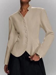 LYSMO Women's Solid Color Long Sleeve Single-Breasted Casual Blazer - Khaki - View 4
