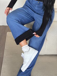 SHEIN PETITE 女款休閒街頭風牛仔褲，口袋鈕扣設計，秋季優雅正式 Y2K 可愛時尚，萬聖節毛茸茸抓絨，PETITE 尺碼，校園日常穿搭，水藍色 - 藍色 - 查看 5