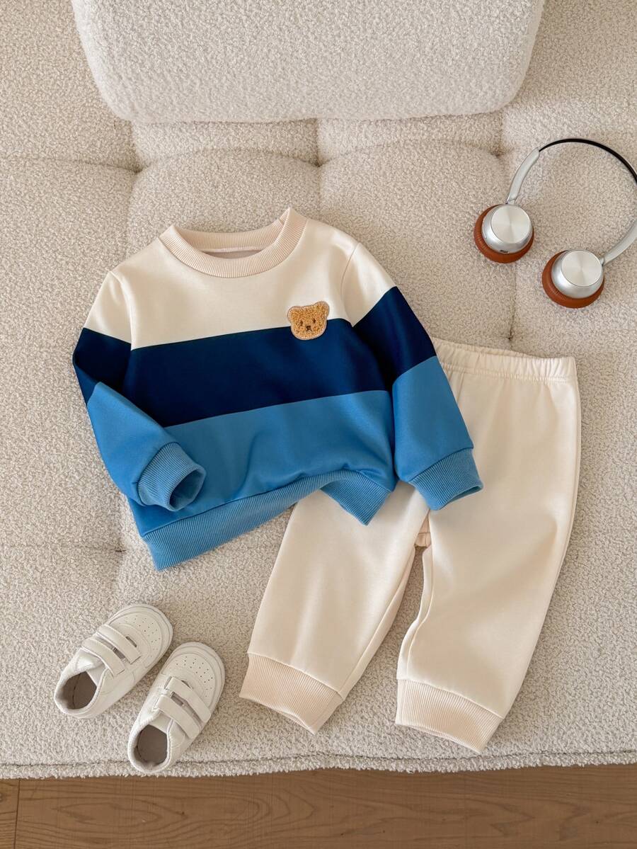 SHEIN Vintaside Kids 2件組男嬰運動套裝 配色拼接熊貼布運動衫與慢跑長褲套裝 秋季日常拍照戶外穿搭 - 藍色 - 查看 1