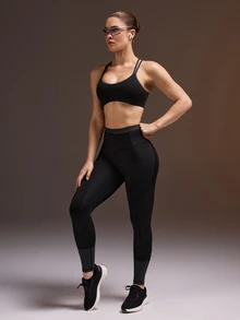 Powerista 女款黑灰色拼接中強度支撐加墊運動內衣，適合瑜伽、跑步、健身、皮拉提斯，時尚百搭，春夏穿搭 - 黑色 - 查看 6