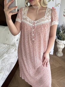 CottageSlumber Plus Size Ditsy Floral Square Neck Patchwork Lace Trim Half-Button Front Nightgown - Pink - View 5