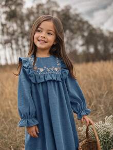SHEIN Young Girl Woven Solid Color Floral Pattern Ruffle Hem Casual Dress - Blue - View 4