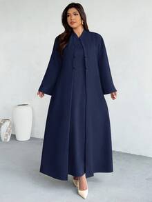 Firerie 大尺碼女款純色長款晨袍與圓領洋裝休閒兩件套 - 藏蓝色 - 查看 4