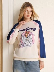 TOM & JERRY X SHEIN بلوزة رياضية كاجوال بأكمام طويلة بطبعة حروف كرتونية للنساء - لون مشمشي - مشاهدة 3