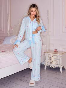 SweetSlumber Women's Striped Heart Print Lapel Front Button Bow Tie Long Sleeve Pajama Set - Multicolor - View 3