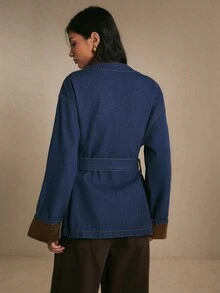 Poéselle Women's Casual Denim Jacket With Belt, Autumn - Dark Wash - View 2