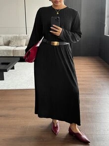 Dazy Plus Gaun Panjang Musim Semi/Gugur Berwarna Hitam dengan Tekstur Kain, Longgar, Lurus, Kasual, Minimalis, dan Serbaguna - Hitam - View 5