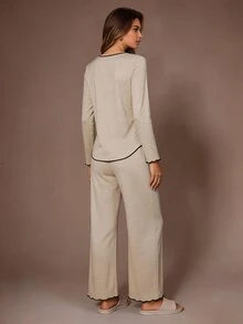 SHEIN Women's Casual Knit Ruffle Hem Asymmetrical Bottom Button Loungewear Pajama Set - Apricot - View 2