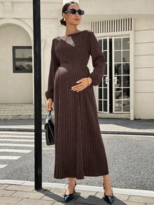 MaterniWear Maternity Fashion Commuter Striped Dress Fall - Coffee - View 6