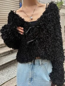 FRIFUL Women's Solid Color Front Tie Short Faux Fur Jacket - Apricot - View 8