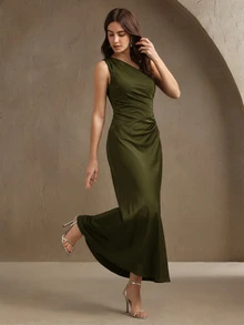 Savoree 女款新款優雅不對稱單肩緞面收腰拼接洋裝，適合夏季派對，綠色晚禮服，綠色洋裝 - 綠色 - 查看 1