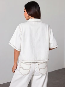 SHEIN PETITE 女款短袖單排扣休閒寬鬆牛仔襯衫 - 白色 - 查看 3