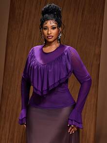 Maweii Plus Size Women's Sexy Round Neck Flowy Ruffle Trim Patchwork Long Sleeve Slim Fit Flattering Mesh Solid Purple T-Shirt Fall - Purple - View 6