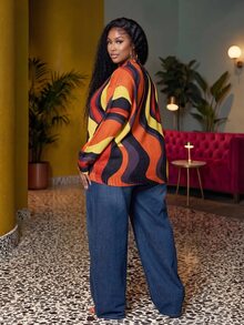 Slaydiva Sweater Rajut Wanita Ukuran Besar, Atasan Pullover Lengan Panjang Longgar Kerah Tinggi Motif Retro Bergelombang Blok Warna untuk Musim Dingin - MultiWarna - View 5