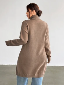 Firerie Plus Size Women Solid Color High Neck Dropped Shoulder Long Sleeve Split Hem Knit Dress - Khaki - View 2