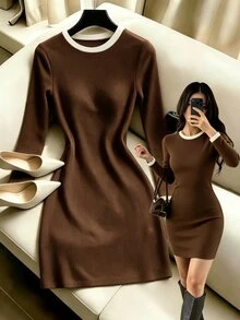GlowEve Gentle Elegant Brown Colorblock Round Neck Long Sleeve Knit Dress, Slim Fit Flattering Ribbed Bodycon Mini Dress, Simple Versatile Commuter Hot Girl Style Dress - Brown - View 1