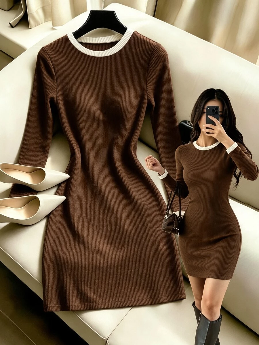 GlowEve Gentle Elegant Brown Colorblock Round Neck Long Sleeve Knit Dress, Slim Fit Flattering Ribbed Bodycon Mini Dress, Simple Versatile Commuter Hot Girl Style Dress - Brown - View 1