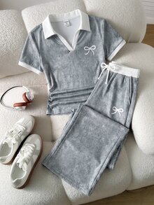 SHEIN 兒童青少年女孩春/夏多功能簡約學院風V領短袖T恤，腰部抓褶修身肩線，休閒 Polo 衫與長褲兩件套，返校穿搭 - 彩色 - 查看 1
