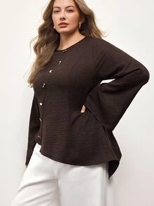 Maija Plus Size Women's Button Design Round Neck Flared Sleeve Fashion Blouse - Brown - View 4