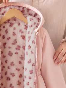 SHEIN Elladie kids 1件少女冬季粉色花卉保暖內裡拉鍊連帽外套，彈性腰部，加厚保暖通勤百搭簡約西式時尚夾克 - 粉色 - 查看 5