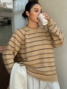 Dazy Plus Sweater Rajut Pullover Lengan Panjang Kerah Bulat Longgar Bergaris Blok Warna Kasual Streetwear Musim Gugur/Dingin - Khaki - View 5