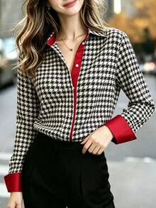 Balvessa Women's Houndstooth Long Sleeve Single-Breasted Casual Shirt - Multicolor - View 3