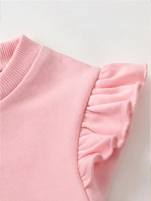 SHEIN Playful Pals 2件組女嬰運動衫喇叭褲套裝，甜美可愛粉白熊貼布蝴蝶結荷葉邊條紋長袖圓領休閒連身褲，生日秋季假期穿搭 - 粉色 - 查看 4