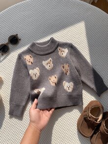 SHEIN 男嬰秋冬可愛卡通熊圖案小高領毛衣，百搭灰色毛衣，可愛灰色毛衣 - 彩色 - 查看 1
