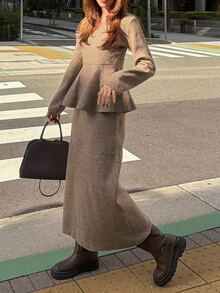 FRIFUL Women's Solid Color Overlap V-Neck Ruffle Hem Sweater And Knit Skirt Set - Dark Grey - View 2
