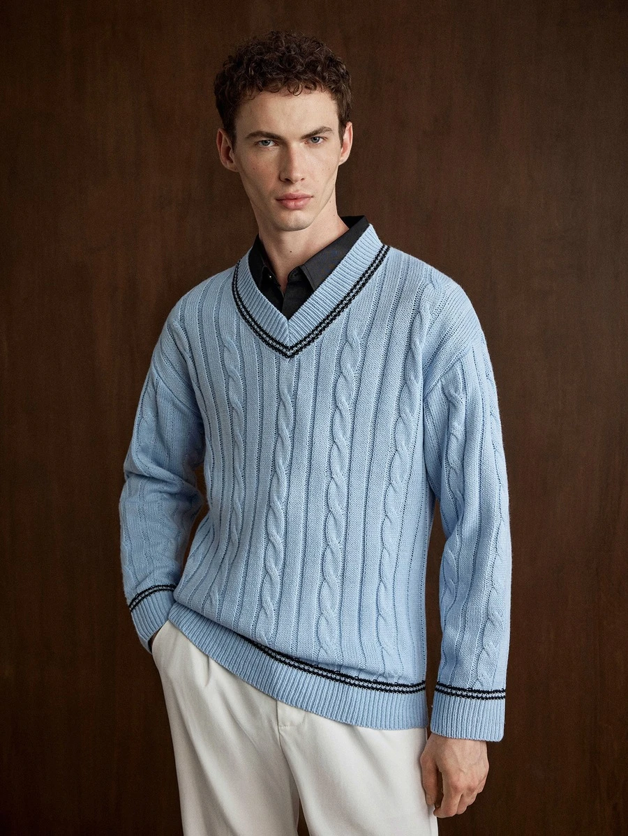 Manfinity CityGents Men's Vintage Cable Knit V-Neck Long Sleeve Versatile Sweater - Blue - View 1