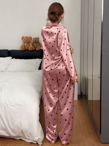 Napfluff Faux Silk Printed Heart Long Sleeve Pants Loungewear - Coral Pink - View 2