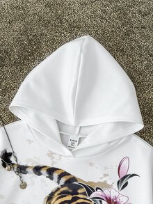 SHEIN 青少年女孩秋冬虎紋印花連帽長袖套頭衛衣，適合返校日常通勤時尚穿搭 - 白色 - 查看 4