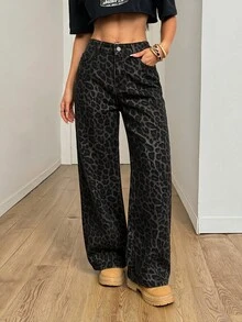 SHEIN PETITE 女款豹紋印花口袋寬腿寬鬆休閒百搭牛仔褲 - 彩色 - 查看 6