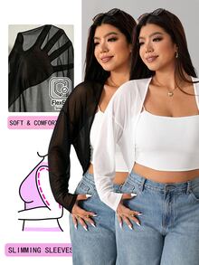 Solflare Plus Size Women's Solid Color Mesh Dropped Shoulder Long Sleeve Lightweight Jacket - Multicolor - View 1