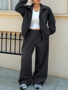 Livesso Autumn/Winter Wool Jacket & Straight Leg Casual Pants Set, Loose Fit Business Casual Fashion Pinstripe 2 Pieces Outfit - Dark Grey - View 7