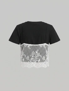 SHEIN MOD 95%棉夏季黑色2合1蕾絲拼接圓領短版T恤 - 黑色 - 查看 4
