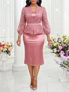 Fleurora Women's 3/4 Sleeve Open Front Top And Dress Elegant 2 Pieces Set - Pink - View 3