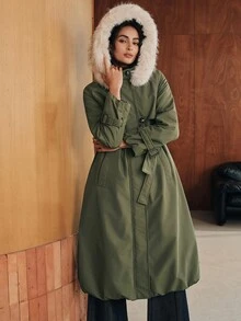 Anewsta Women's Pockets Waist Belt Design Long Sleeve Zipper Front Fur Collar Hooded Long Casual Winter Jack - Army Green - View 6