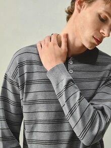 RONVEXI 男士條紋長袖 Polo 領休閒毛衣 - 彩色 - 查看 3
