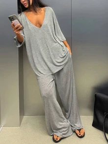 INAWLY Solva Women's Solid Color Deep V-Neck 3/4 Sleeve T-Shirt And Long Pants Casual 2-Piece Set - Grey - View 2